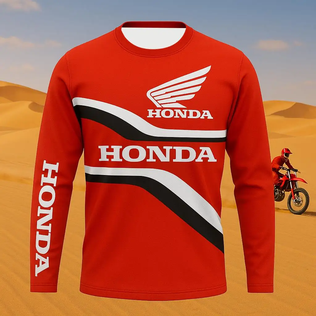 هوندا صيف جديد بدلة سباق الدراجات النارية التجفيف السريع جولة الرقبة في الهواء الطلق الرجال والنساء حماية من الشمس بأكمام طويلة تي شيرت