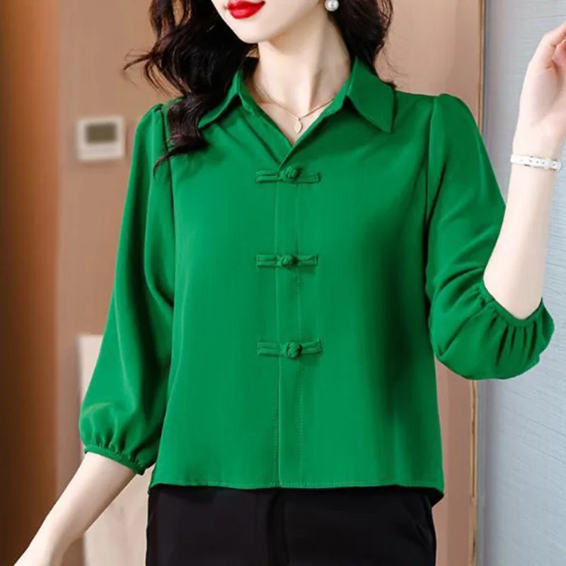 2024 New Summer High Waist Chic Elegant Fashion Retro Office Lady Chinese Style Women\'s Shirt Solid V Neck Long Sleeve Y2K Tops