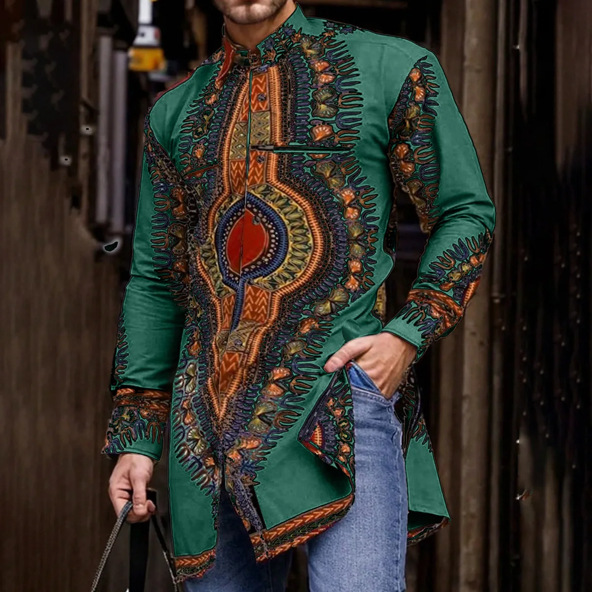New Men's African Ethnic Style Shirt Digital Positioning Print Mid-Length Shirt Casual Versatile Style