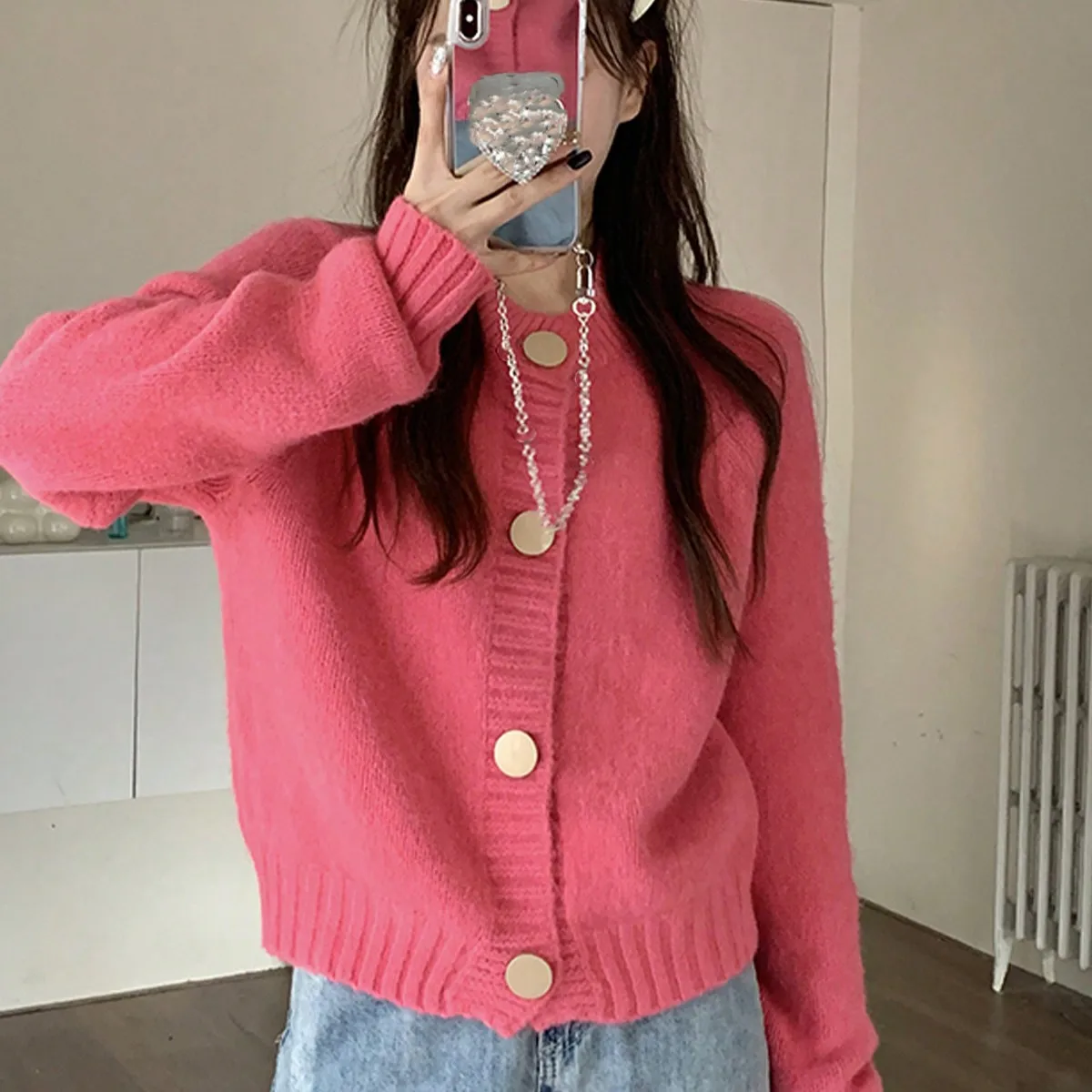 Korean Rose Pink Knitted Cardigan for Women 2024 Autumn and Winter New Style High-End Fashionable Foreign Style Unique Chic Clothes