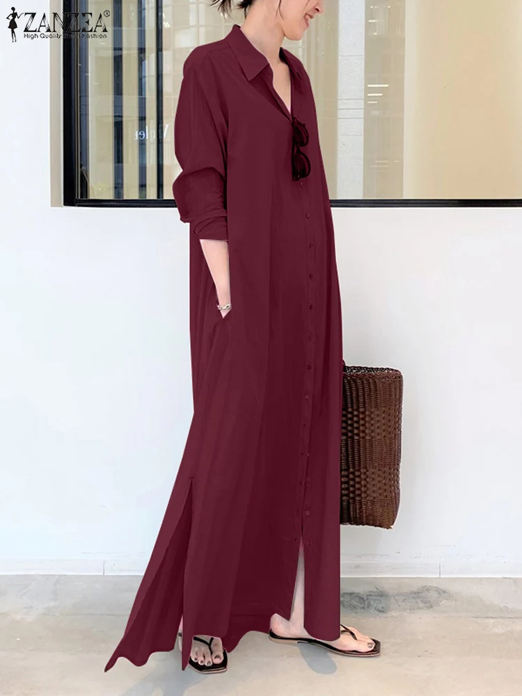 ZANZEA Mode Herbst Hemd Kleid Frauen Maxi Kleider Buttons Up Robe Revers Hals Langarm Vestidos Casual Baggy Urlaub Kaftan