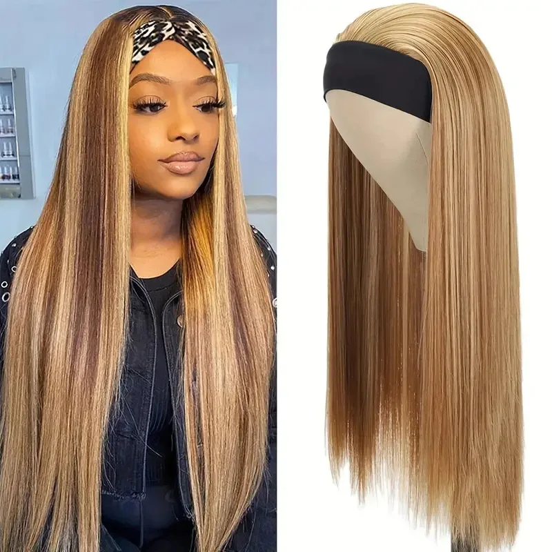 Wig Ice Silk Hair Strap Long Straight Hair Lazy Hair Strap One piece Natural Fashion Brown Gold Mixed Color Women's Head Cover