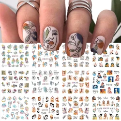 12pcs Cartoon Abstract Figures Nail Stickers Cute Animal Leaf Letter Elegant Water Manicure Decals Slider Kawaii Nail Decoration