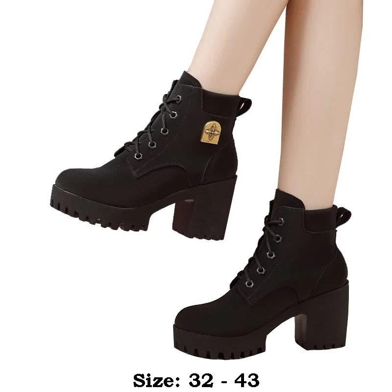 

High Quality Short Ankle Leather Boots for Women 8cm 10cm High Heel Platform Autumn Winter 32 33 Elegant Shoe Black Brown W568