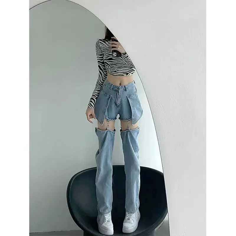 Women Detachable Split Denim Shorts Two Piece Multiway Wear Cut Out Jeans Shorts Streetwear Pants