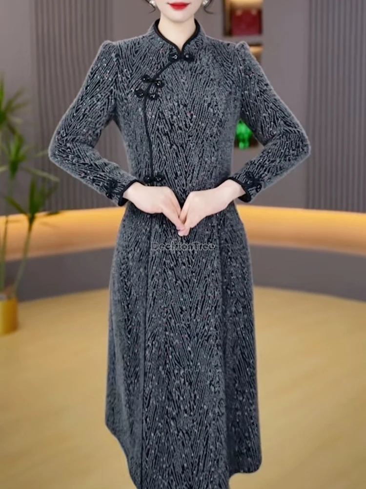 

2025 autumn and winter new chinese improved thicked style cheongsam dress long sleeve stand collar retro slimming qipao dress