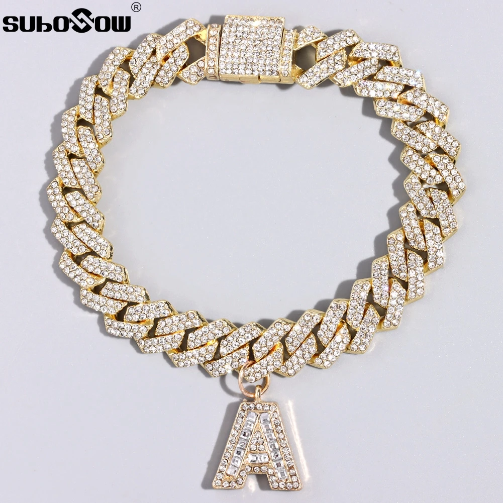 Fashion Chunky A-Z Initial Letters Crystal Anklets For Women Bling Full Rhinestone Cuban Link Chain Ankle Bracelet Beach Jewelry