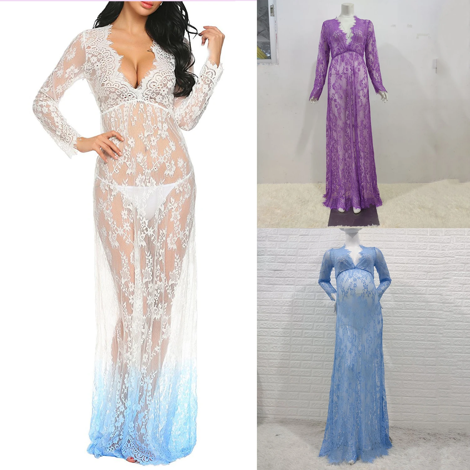 Sexy Deep V Neck See-through Long Lace Dress Photography Prop Gown  Hollow Maxi Dress Transparent Robe Beach Dress