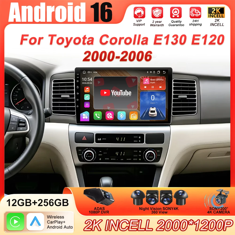 Android 16 Car Radio Stereo Player Carplay For Toyota Corolla E130 E120 2000 2001 2002 2003 2004 2005 2006 GPS System WIFI DSP