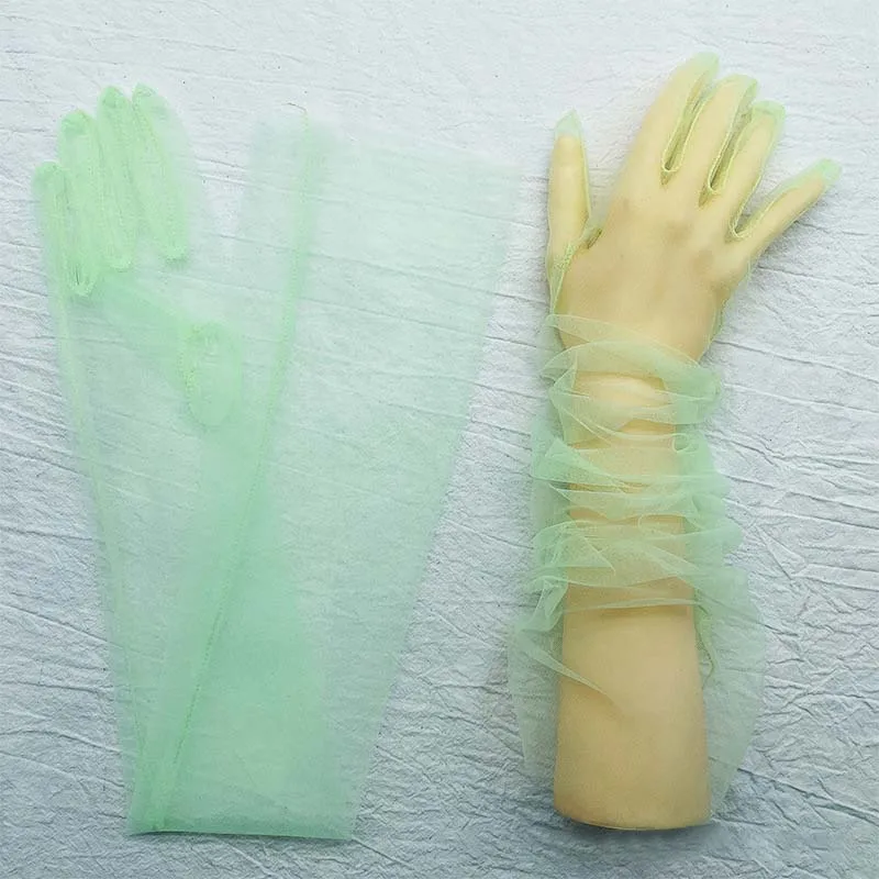 Guantes largos de tul transparente a la moda, manoplas elásticas ultrafinas de dedo completo, codo de malla, guantes de novia de boda, accesorios de Halloween