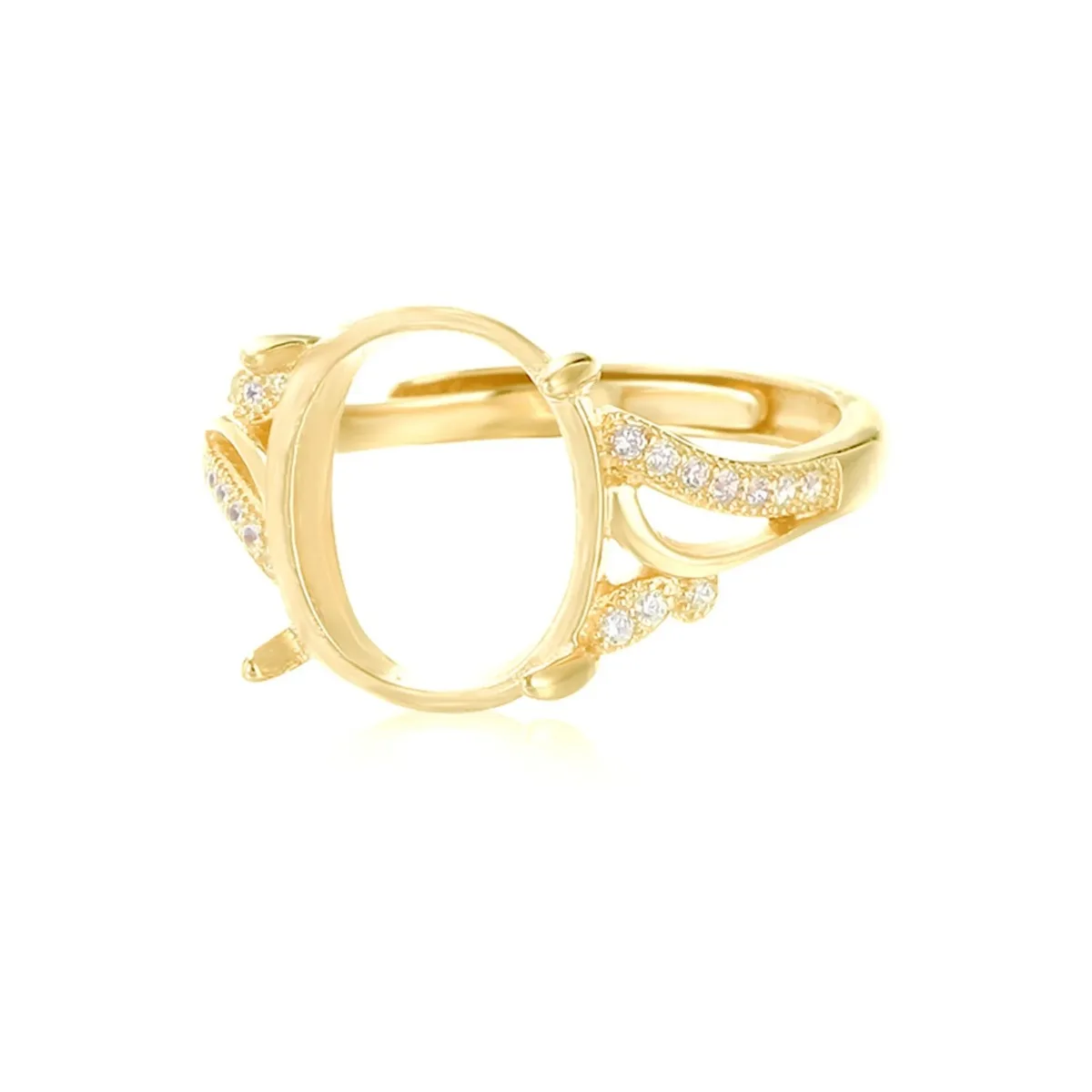Yellow Gold Plated 925 Silver Zircon Adjustable Ring Setting for 6x8mm/7x9mm/8x10mm/10x12mm/11x15mm Oval Cabochons