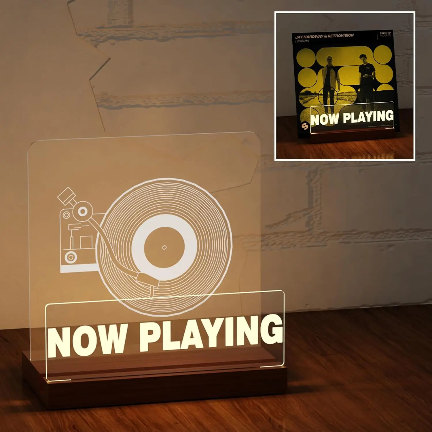 

Ammonite Light Up Vinyl Record Stand, Wooden Acrylic Holder for Album Display and Storage with Warm White LED Lights