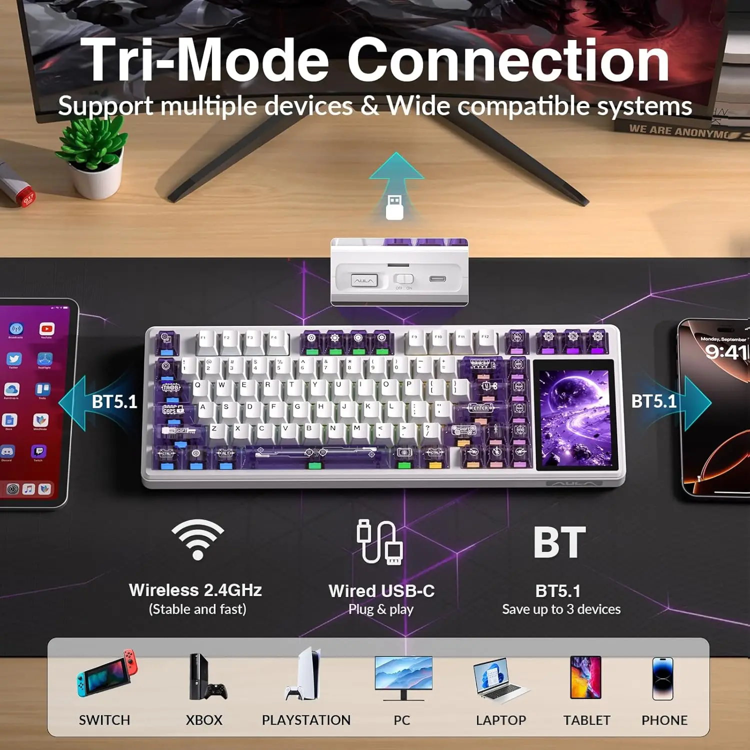 AULA L99 Intelligent Screen Mechanical Keyboard Raindrop Switch 8000mAh Tri‑mode RGB Gasket Hot Swap PBT Keycaps Gaming Laptop