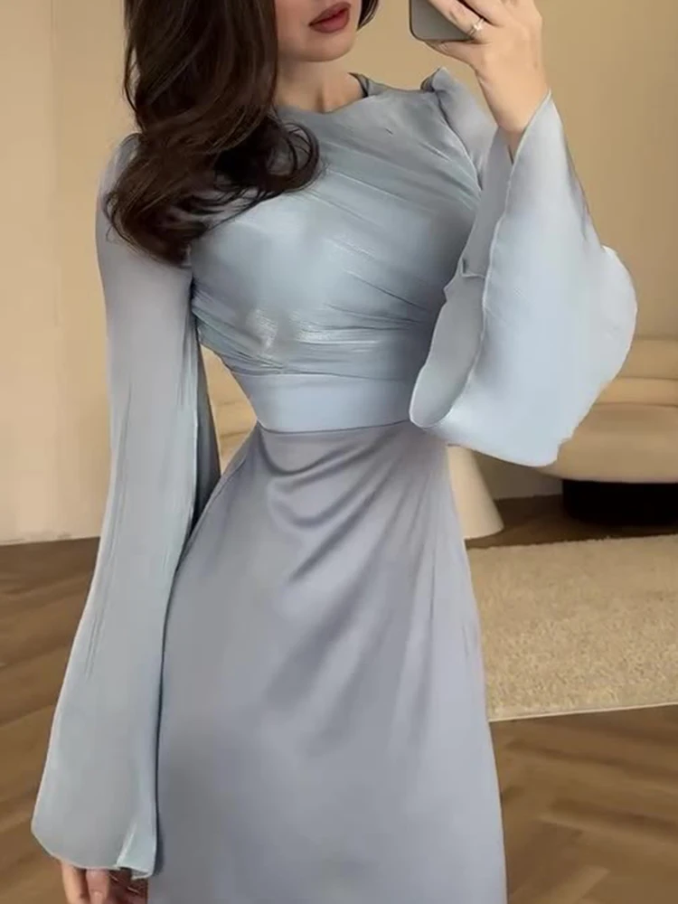 Fashion Women Satin Temperament Long Dress Sexy O-neck Long Sleeve Spliced Evening Dress Elegant Solid Color Slim Wrap Hip Dress