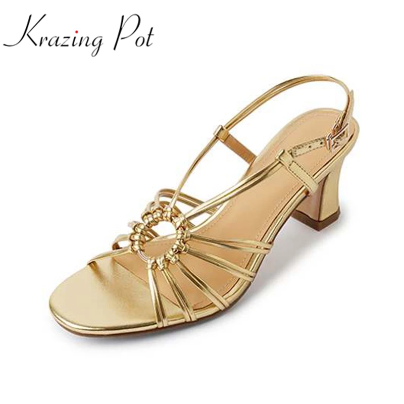 

Krazing Pot Weaving Style Natural Leather Gorgeous Peep Toe Summer Buckle Straps Med Heels Big Size 41 Sexy Girl Sandals Women