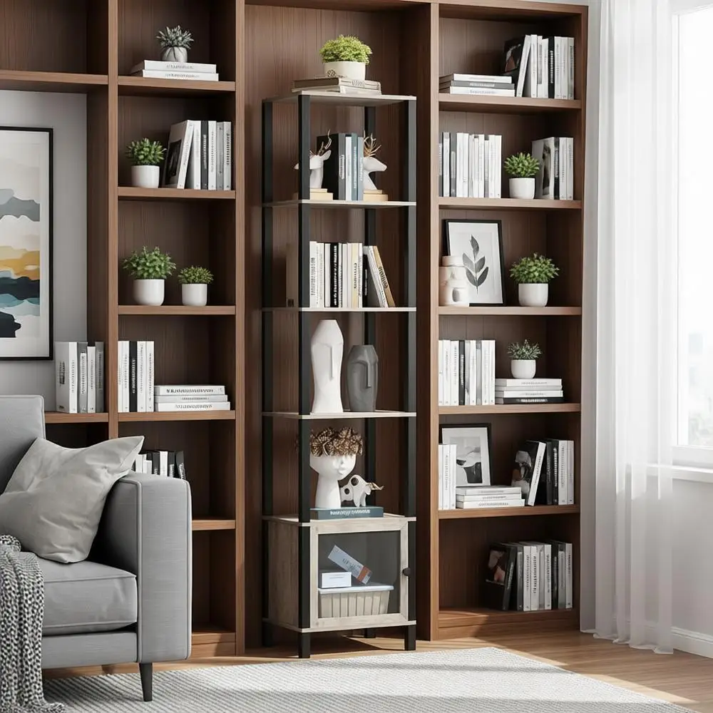 

6-Tier Bookshelf with Doors for Small Spaces: Living Room, Office, Study, Entryway - Greyish Beige