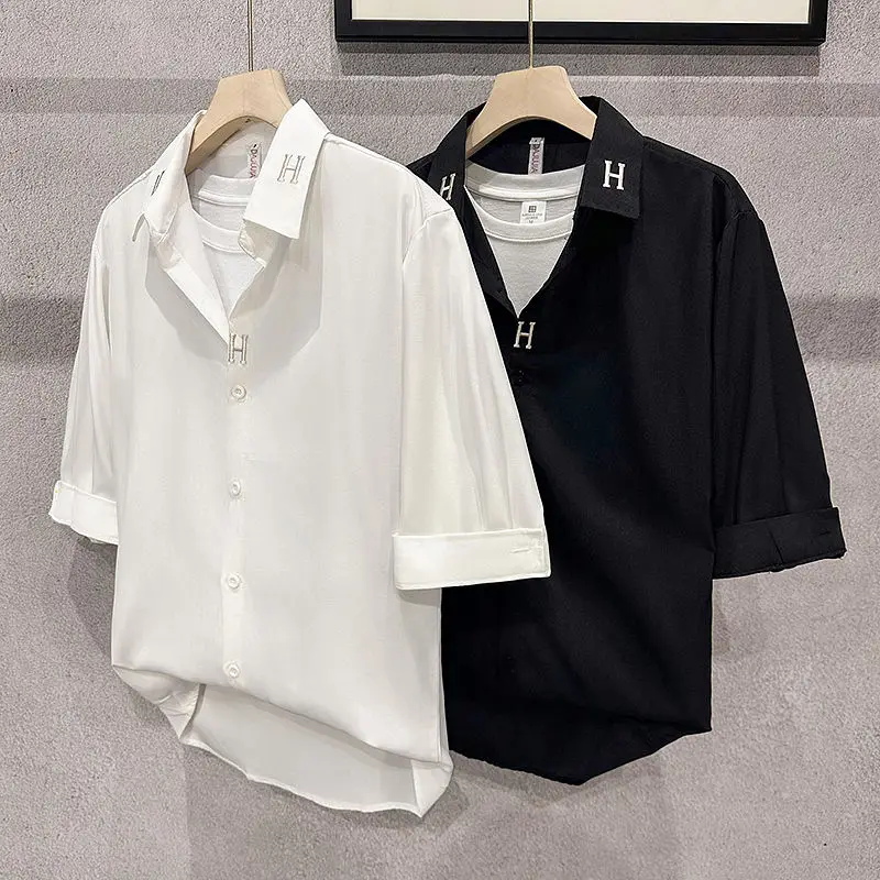 

Casual Ice Silk ort Sve Men's irt Versatile Summer Faion Brand Tailored Loose Fit Youthful Sle Pure Color Design