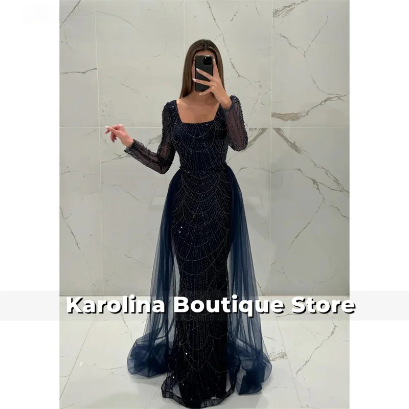 تخصيص ساحة طوق مطرز حورية البحر فساتين السهرة أنيقة طويلة الأكمام vestidos de noche الطابق طول مساء اللباس