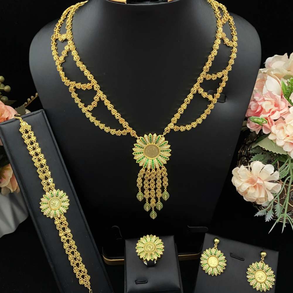 

JRH Perfect Gift for Woman Jewelry in INS Style Luxury 4-Piece Gold-Plated Brass Zircon Necklace Earrings Bracelet Ring Set