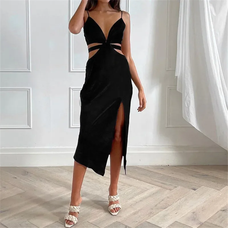 Abito estivo senza spalline Halter profondo scollo a V tagliato abiti lunghi spaccati laterali per le donne Abiti da festa sexy neri