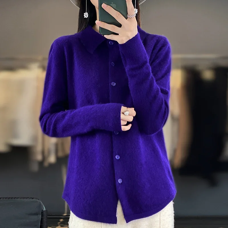 2023 Autumn/Winter 100% Mink Cashmere POLO Collar Women\'s Sweater Cardigan Solid Color Thick warm Cardigan Sweater For Women New