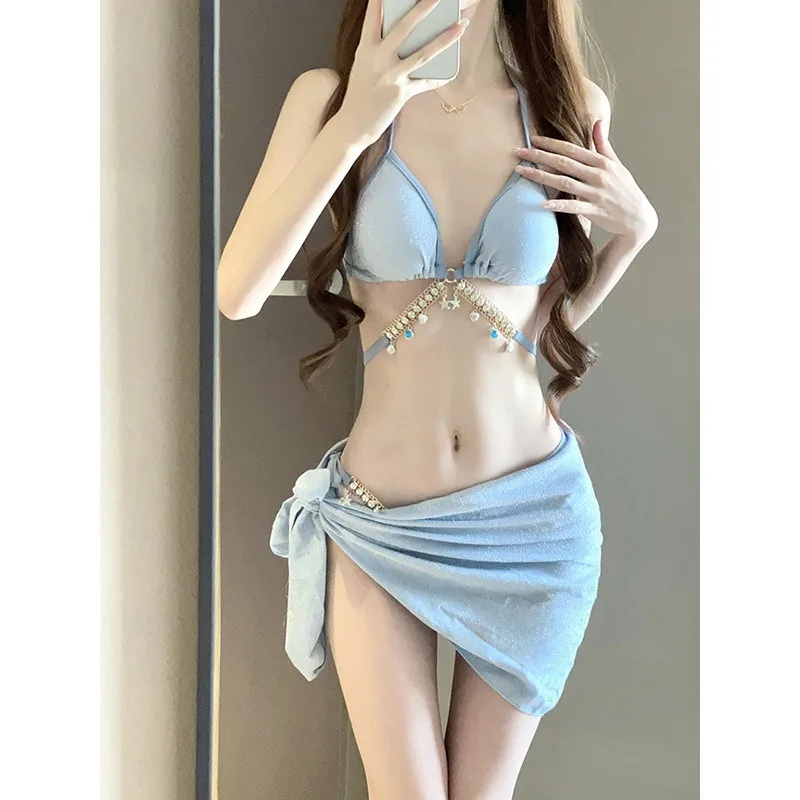 Elegant Light Blue Three Piece Swimsuit Set with Pearl Chain Halter Top Wrap Skirt Modest Swimwear for Beach Pool Vacation