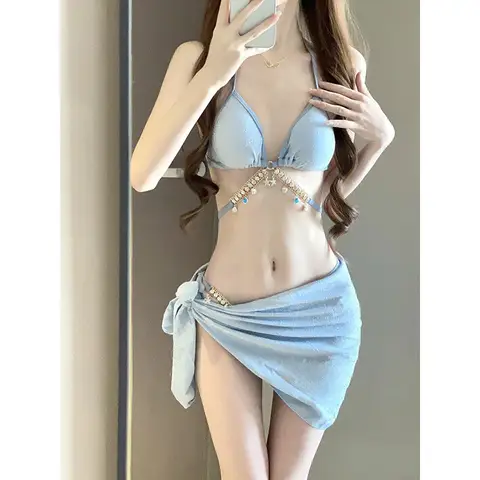 Elegant Light Blue Three Piece Swimsuit Set with Pearl Chain Halter Top Wrap Skirt Modest Swimwear for Beach Pool Vacation