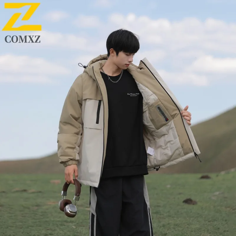 COMXZ 2025 Mens Womens Mountain Style Hooded Waterproof Color Block Winter Jacket Cotton-padded Outdoor Sports Lightweight Coat