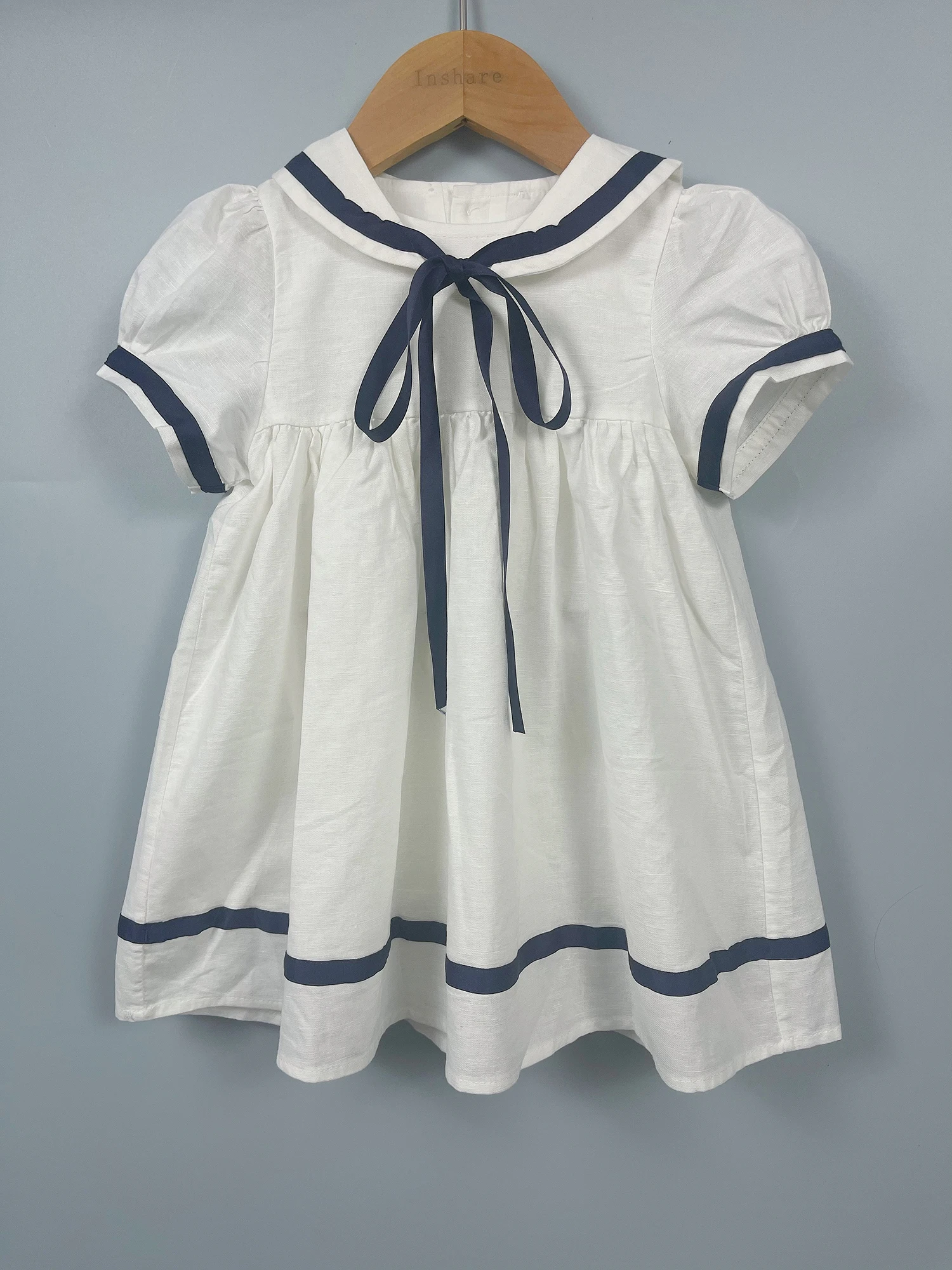 Summer Navy Sister Brother Clothing White Cotton Linen Fabric with Bblack Ribbon Comfortable Breathable Daily Outfit Performance