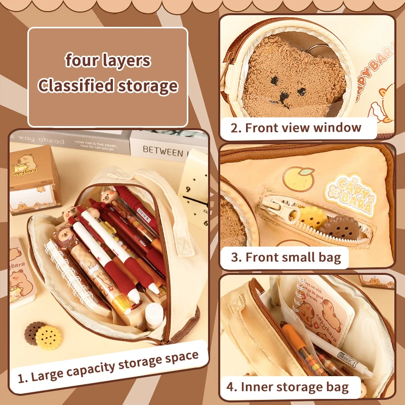 Cartoon Capybara Handheld Pencil Case Large Capacity Pencil Pouch Zippers Creative Stationery Storage Pencil Case School Supplie