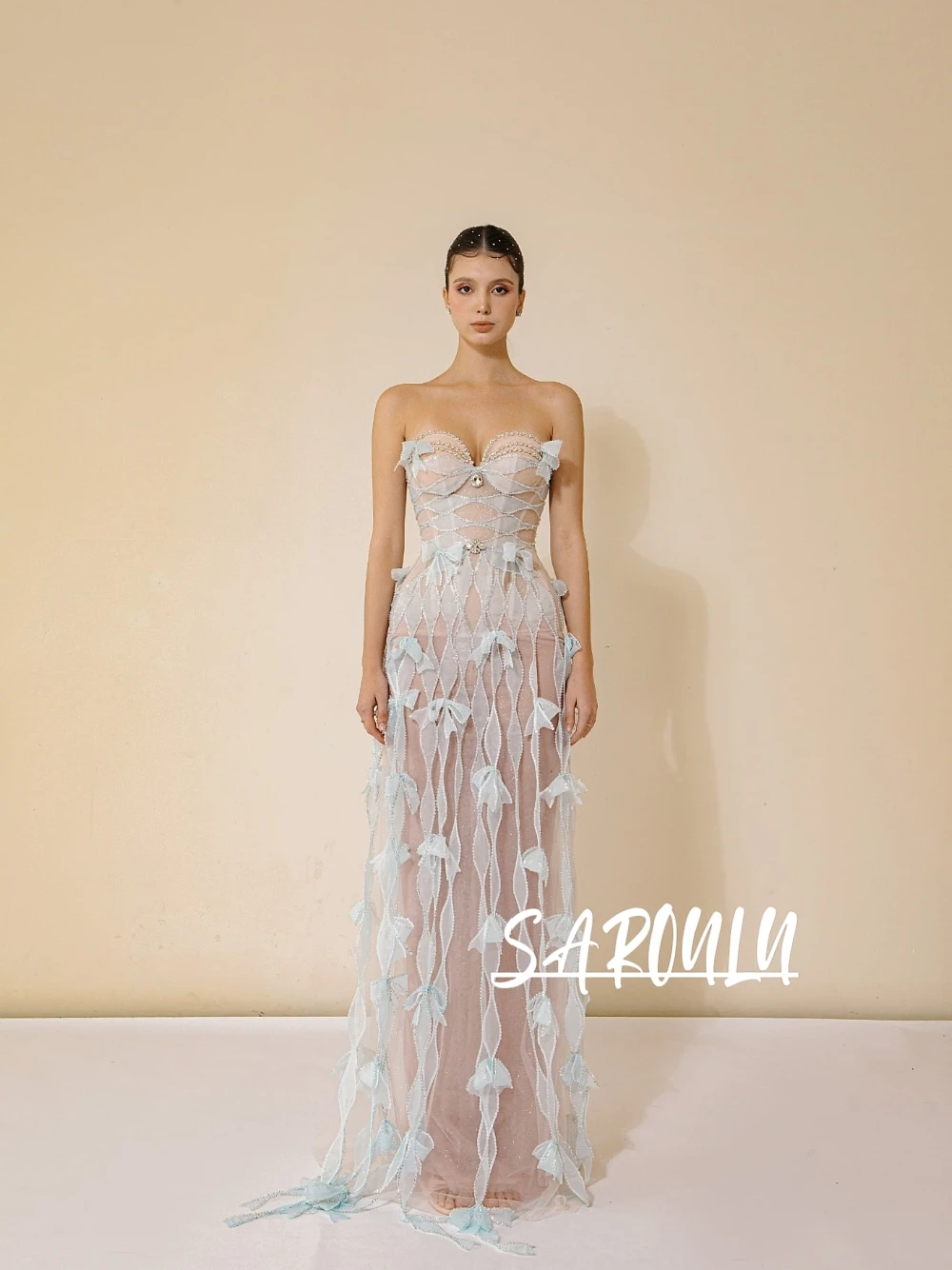 

Light Blue Sheer Corset Prom Dress Floor Length Form-Fitting With Crystal Embellishments Customized Chic Classy Evening Gown