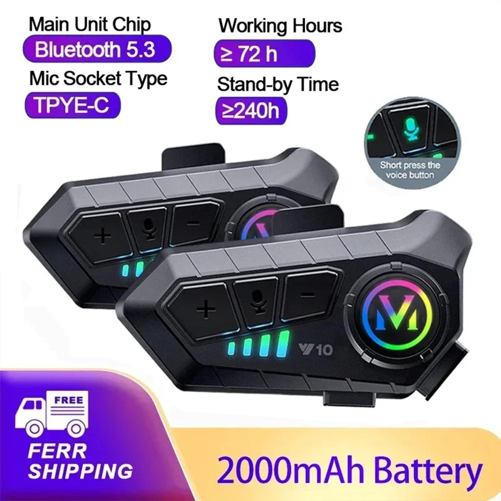 Y10 Motorcycle Helmet Bluetooth Headset Wireless Intercom IPX6 Waterproof Earphones with RGB Light AI Voice for Moto Rider