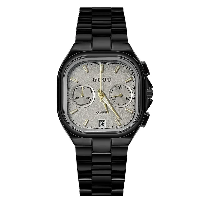 GUOU stylish handsome square simple quartz watch with calendar steel belt temperament watch daily leisure