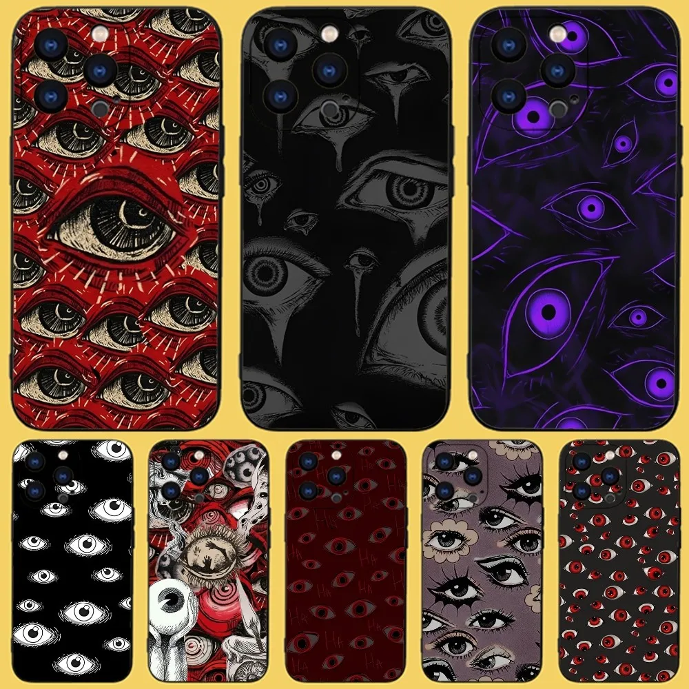 Scary Face Eyes Phone Case For iPhone 15,14,13,12,11 Plus,Pro,Max,XR,XS,X,7,8 Plus,SE,Mini Black Silicone Soft