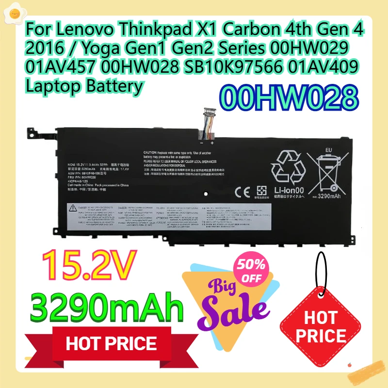 

For Lenovo Thinkpad X1 Carbon 4th Gen 4 2016 / Yoga Gen1 Gen2 Series 00HW029 01AV457 00HW028 SB10K97566 01AV409 Laptop Battery