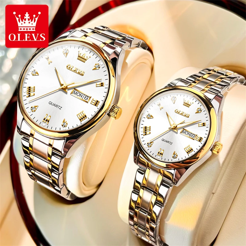 OLEVS 5563 New Golden Diamond-encrusted Quartz Watches For Couple Stainless Steel Strap Fashion Waterproof Lover\'s Wristwatches