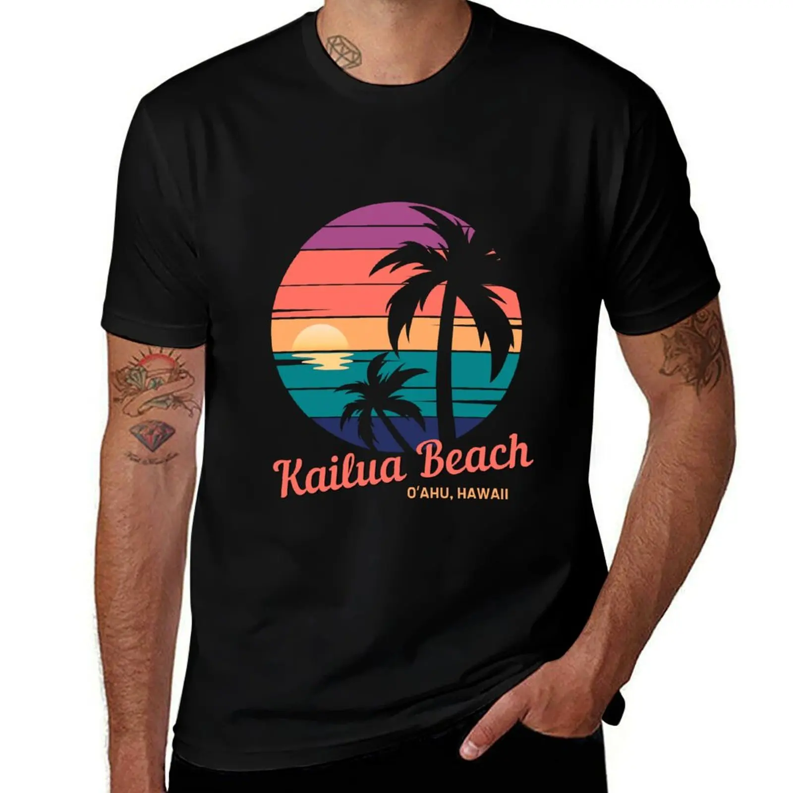 Vintage Hawaii Surfing Label, Kailua Beach - Located on Oahu, Hawaii, gentle waves, turquoise water, vintage sunsets T-Shirt