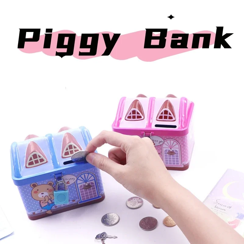 귀여운 곰 집 동전 상자 창조적 인 금속 은행 통화 상자 동전 은행 어린이 저축 탱크 생일 및 크리스마스 선물 토끼