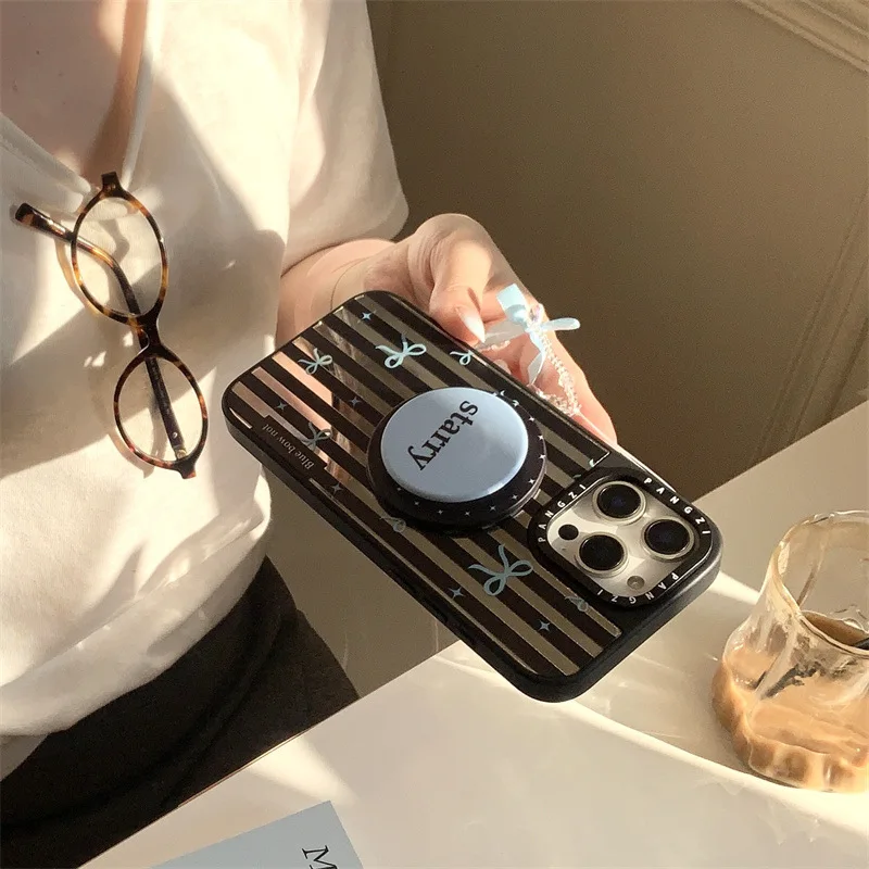 الرجعية شريط مرآة الأزرق ربطة القوس فيونكة جراب هاتف ل magsafe آيفون 16 15 14 13 برو ماكس حافظة لطيف الحلو الفاخرة تصفيح غطاء الكرتون