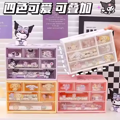 Six Square Grid Storage Box Drawer Transparent Desktop Kitty Kuromi Melody Cinnamoroll Pochacco Pompurin Stationery Storage