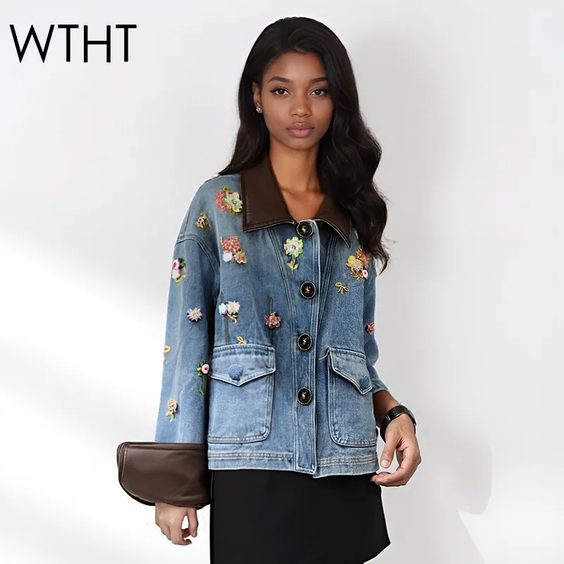 

WTHT 2025 осенняя модная женская джинсовая куртка с 3D цветами и бисером, модное лоскутное кожаное пальто с лацканами, женское 1LS2677