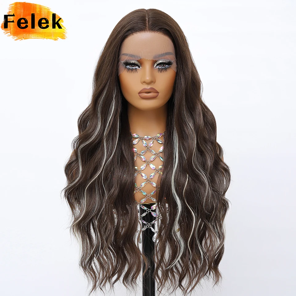 

28-дюймовый длинный волнистый парик фронта шнурка Высокое качество Ombre Блондинка Коричневый Термостойкий синтетический парик для женщин 13x5 Глубокая часть