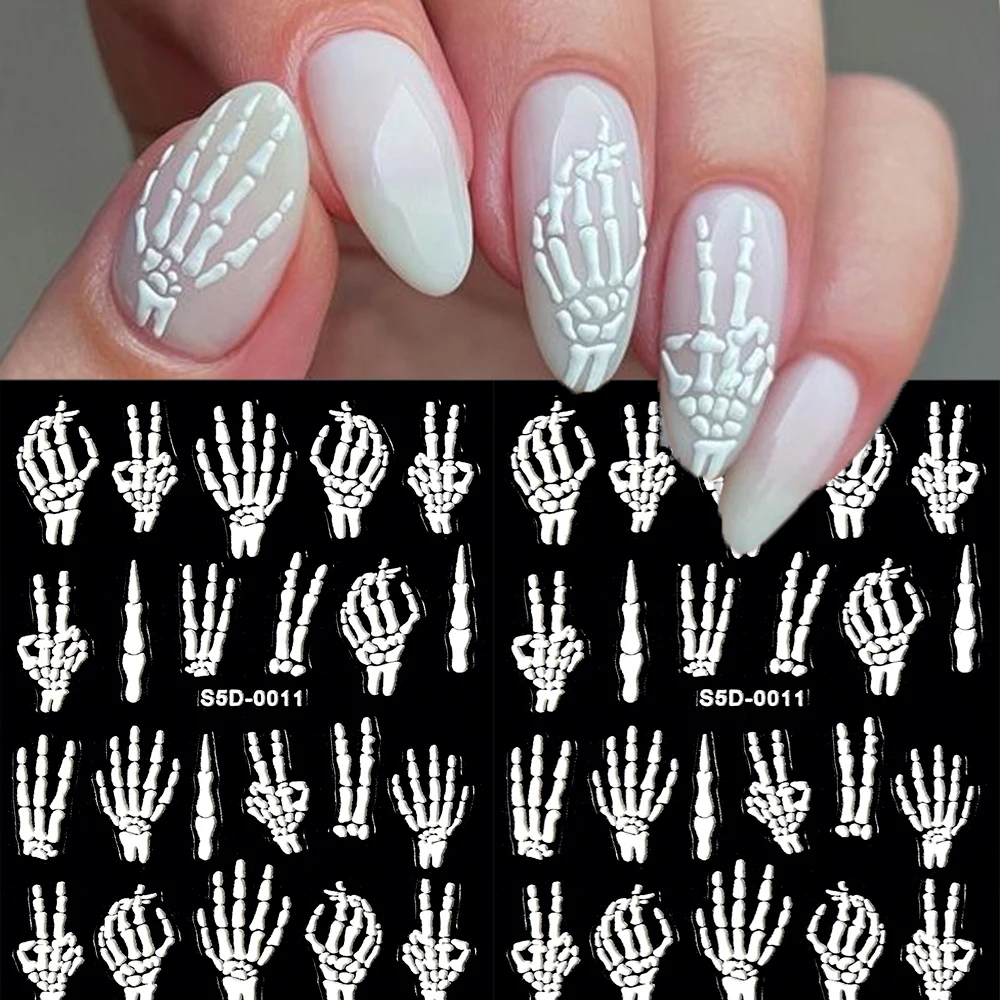 5D Halloween&Christmas Nail Stickers Relief White Skeleton/Blood/Skull/Flame Nail Decal 8x10cm Halloween Party Manicure Slider