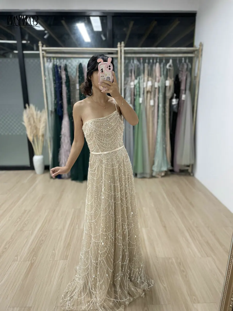 MYMB Exclusive One Shoulder Spaghetti Straps Beaded Bridal Wedding Dress Luxury One Shoulder A-Line Evening Ball Gowns with Belt