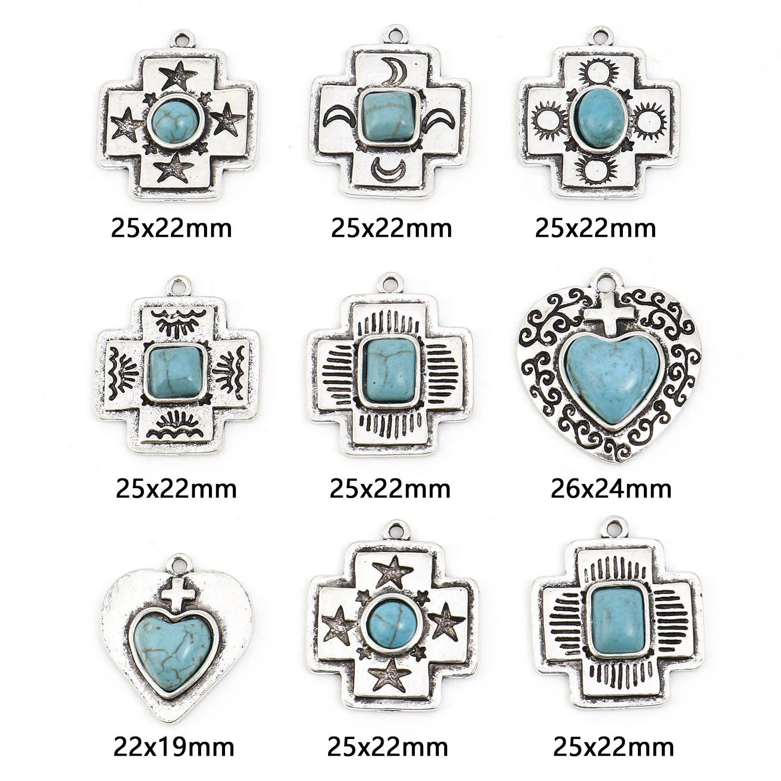 Bohemian Metal Charms Antique Silver Color Cross Heart Green Blue Stone Pendants DIY Necklace Bracelets Women Jewelry Gift,10PCs