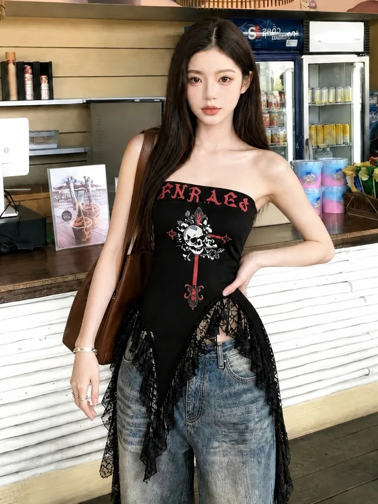

American Style Spicy Girl One Shoulder Lace Patchwork Sleeveless Vest Women's Summer New Irregular Tube Top Spicy Style Slim Fit