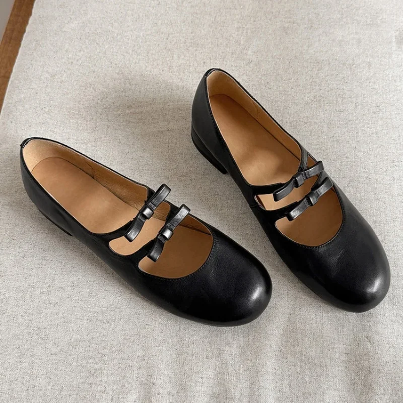 

Весна 2024, новинка, кожаные элегантные милые французские женские туфли Мэри Джейн с круглым носком на низком каблуке и бантом, офисная женская обувь на мелкой подошве