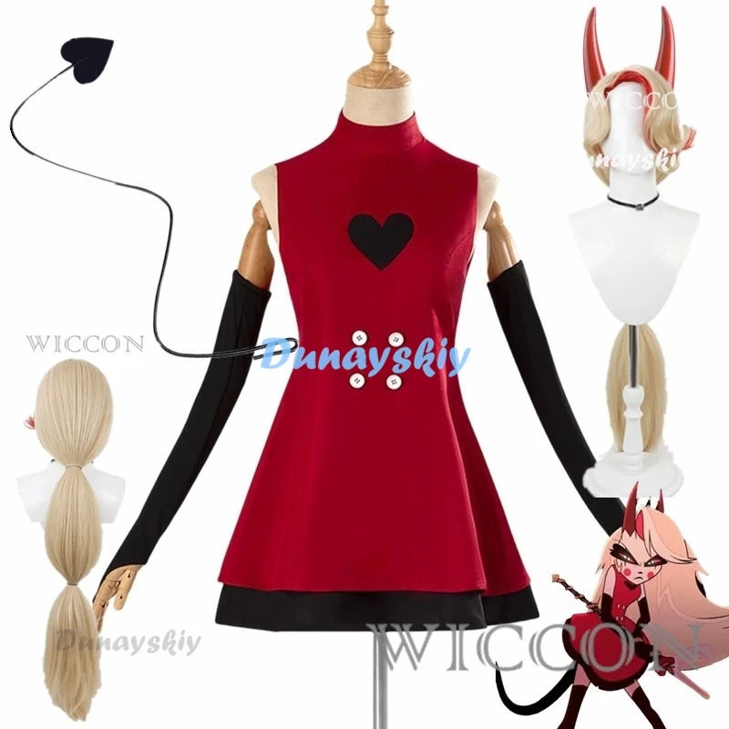 Anime Hazzbin Voor Game Fans Hotel Charlie Cosplay Halloween Kostuum Volwassen Kinderen Rode Jurk Pruik Hoorn Staart Sexy Mouwloze Rok