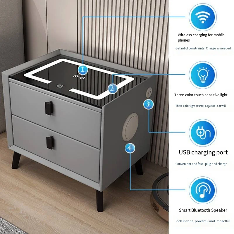 منضدة خشبية صلبة فاخرة بثلاثة أدراج طاولة سرير ذكية مدمجة لغرفة النوم مصنوعة من الجلد وشحن لاسلكي متكامل