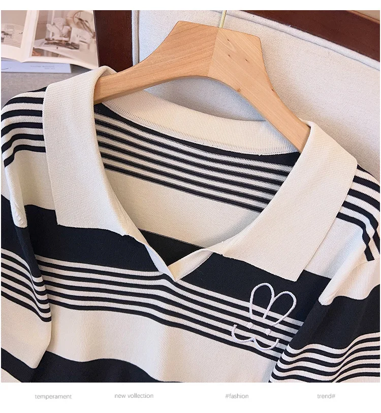 170Kg Plus Size Women's Bust 160 Summer Loose Ice Silk Knitted Striped Top Short Sleeve Lapel T-Shirt 4XL 5XL 6XL 7XL 8XL 9XL